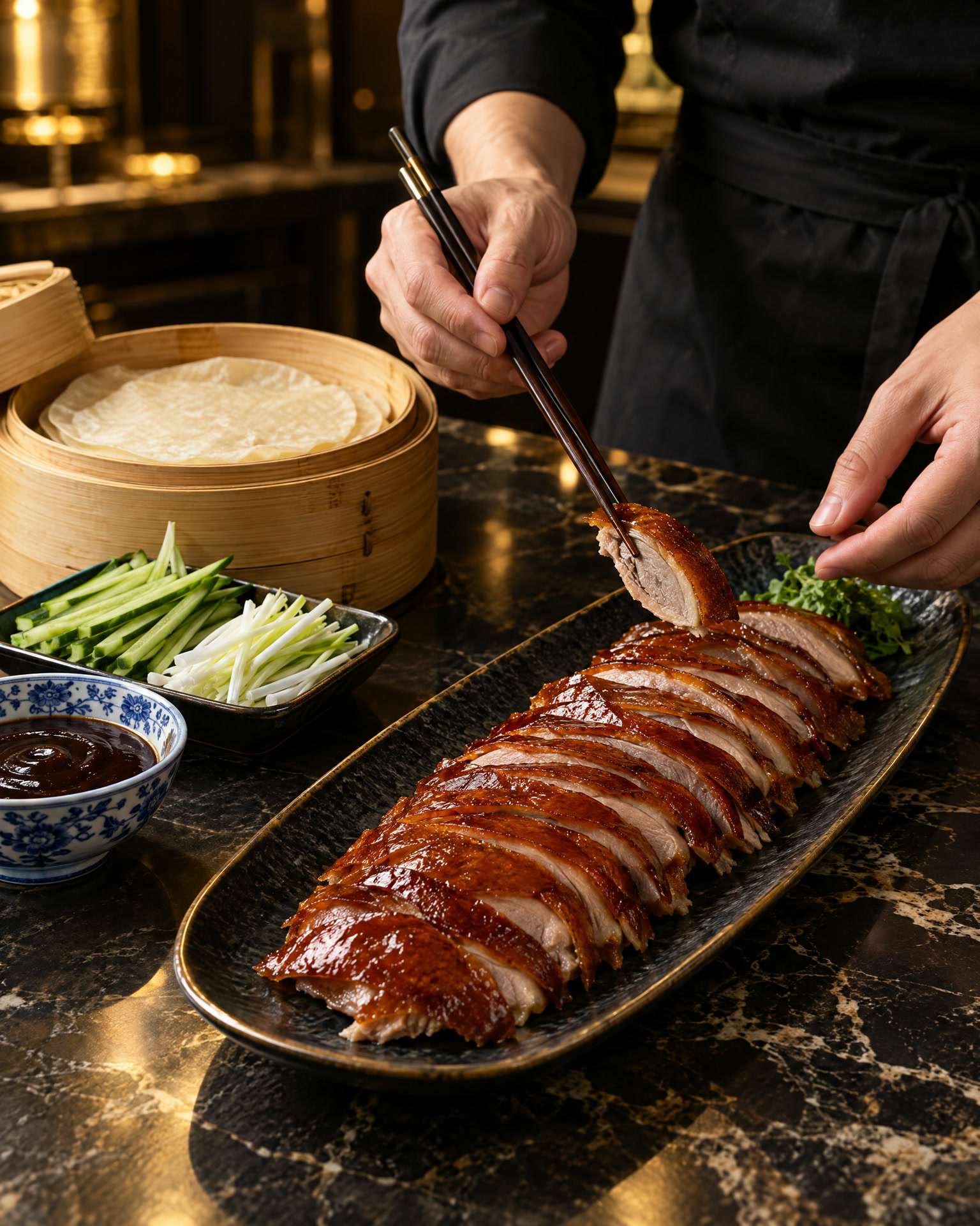Tranchierte Peking-Ente mit Pfannkuchen, Gurke und Hoisin