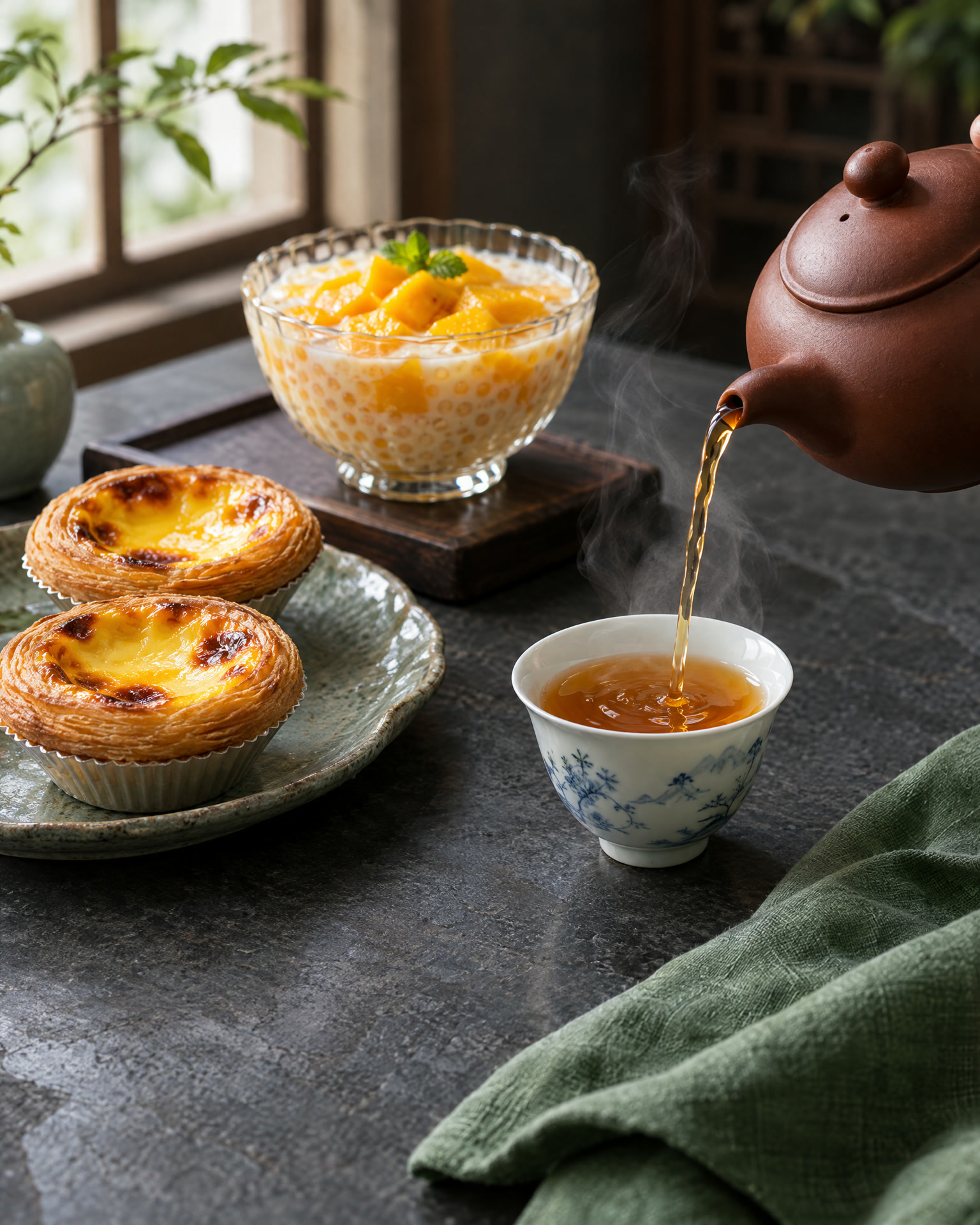 Teeservice mit Egg Tarts und Mango Sago